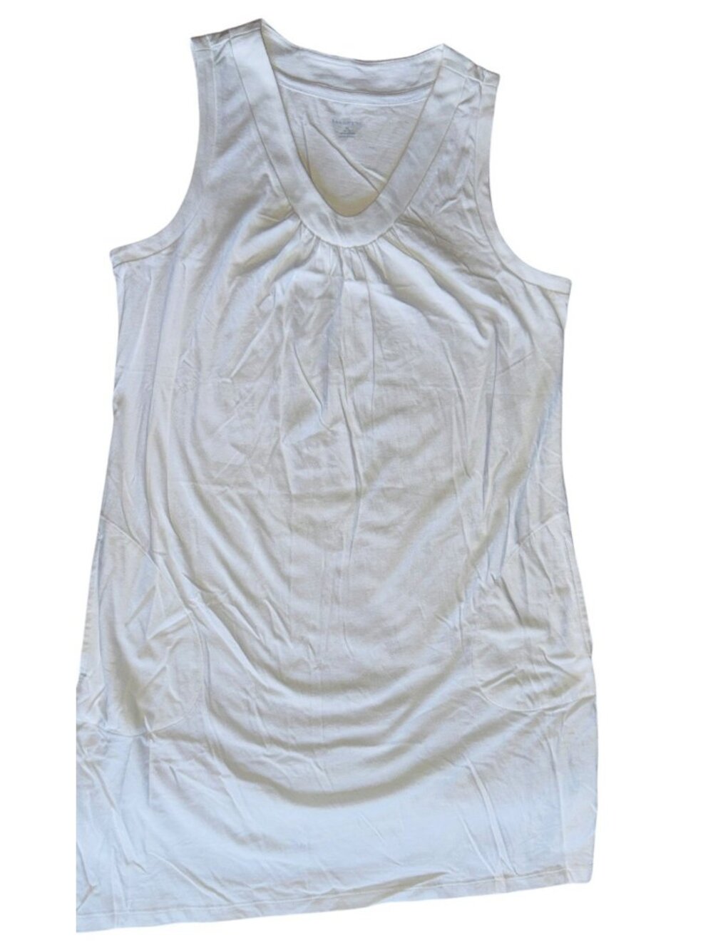 Lands End White Cotton Sleeveless Tunic Dress Pockets Gathered Scooped Neckline